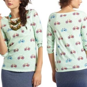 Vintage Anthropologie Postmark Mint Green Bicycle Print Banter Tee Size Medium